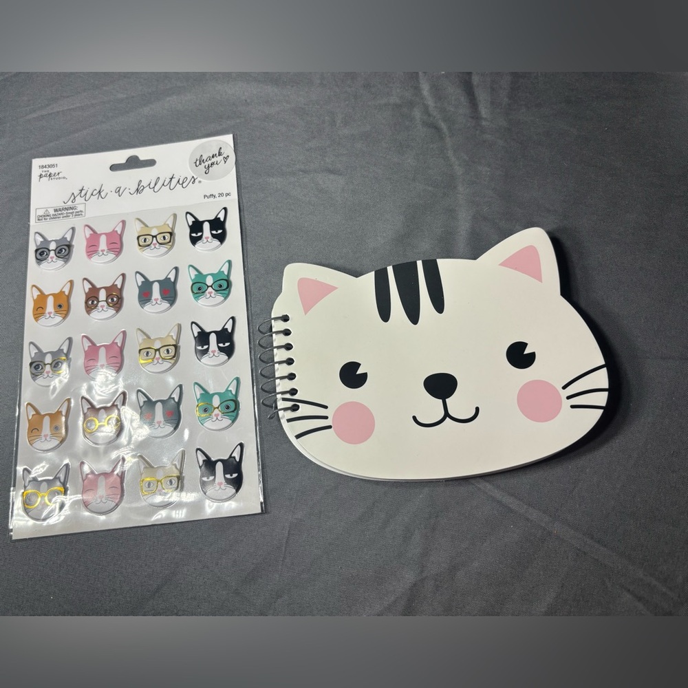 Charming Cat Face Spiral Notebook with Stickers 2 pc Cat Themed Notepad Set NWT